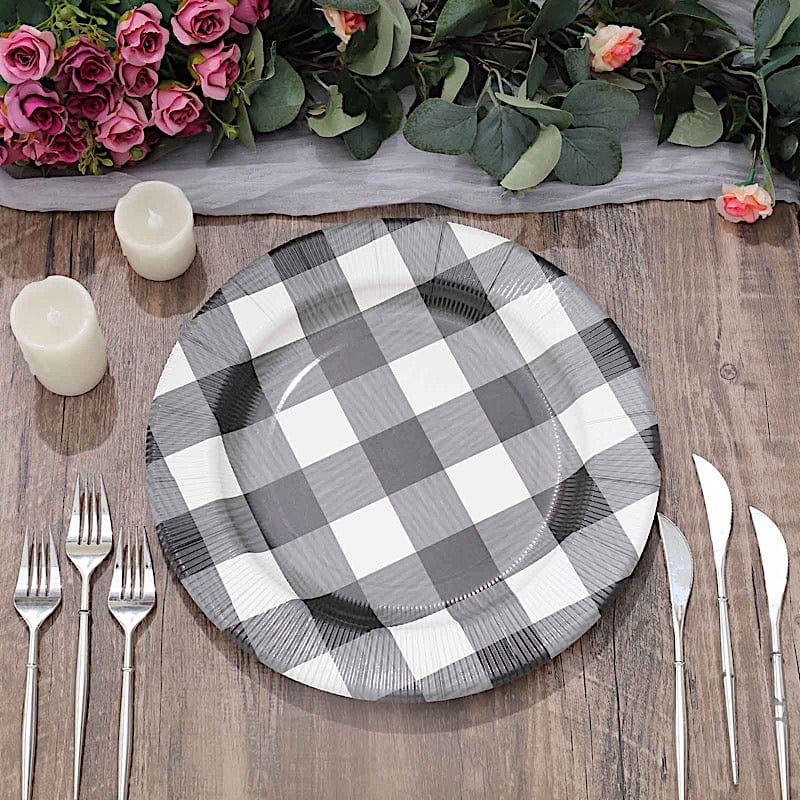10 Round 13" Checkered Disposable Paper Charger Plates with Textured Rim