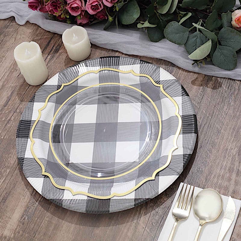 10 Round 13" Checkered Disposable Paper Charger Plates with Textured Rim