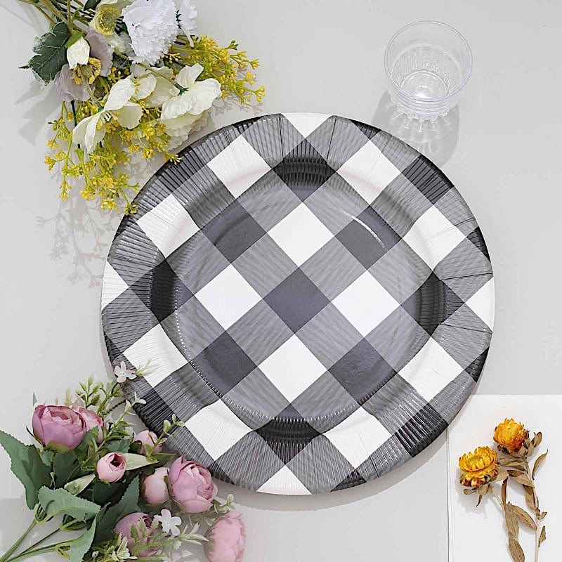 10 Round 13" Checkered Disposable Paper Charger Plates with Textured Rim