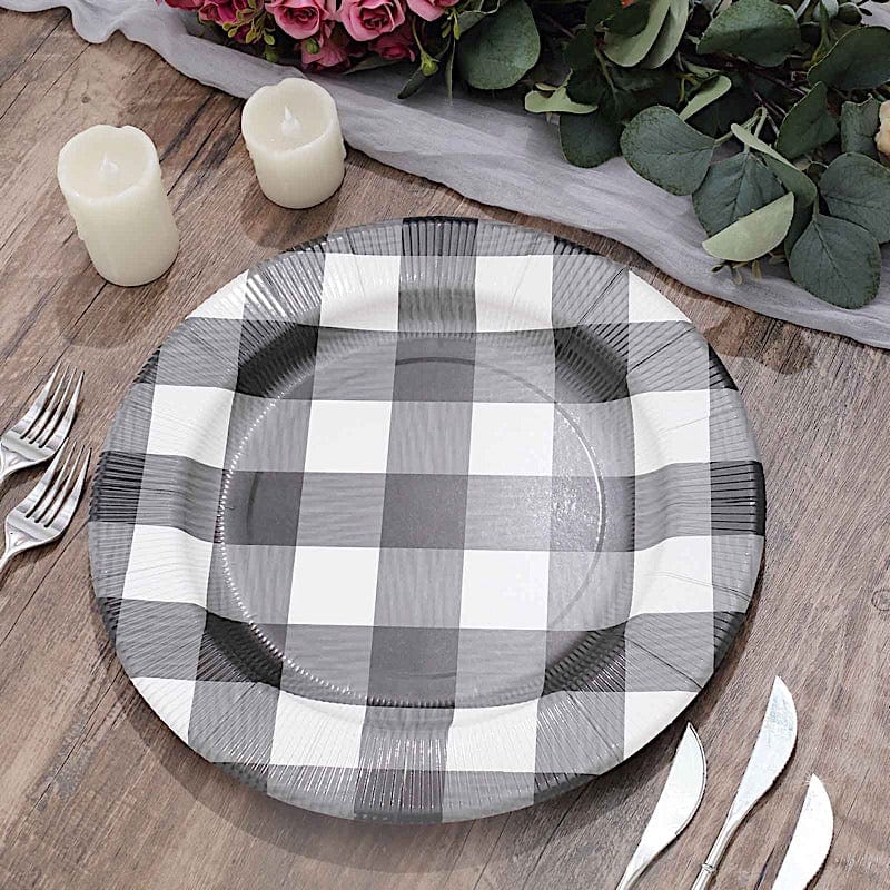 10 Round 13" Checkered Disposable Paper Charger Plates with Textured Rim
