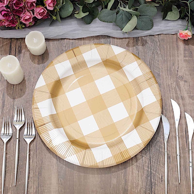 10 Round 13" Checkered Disposable Paper Charger Plates with Textured Rim