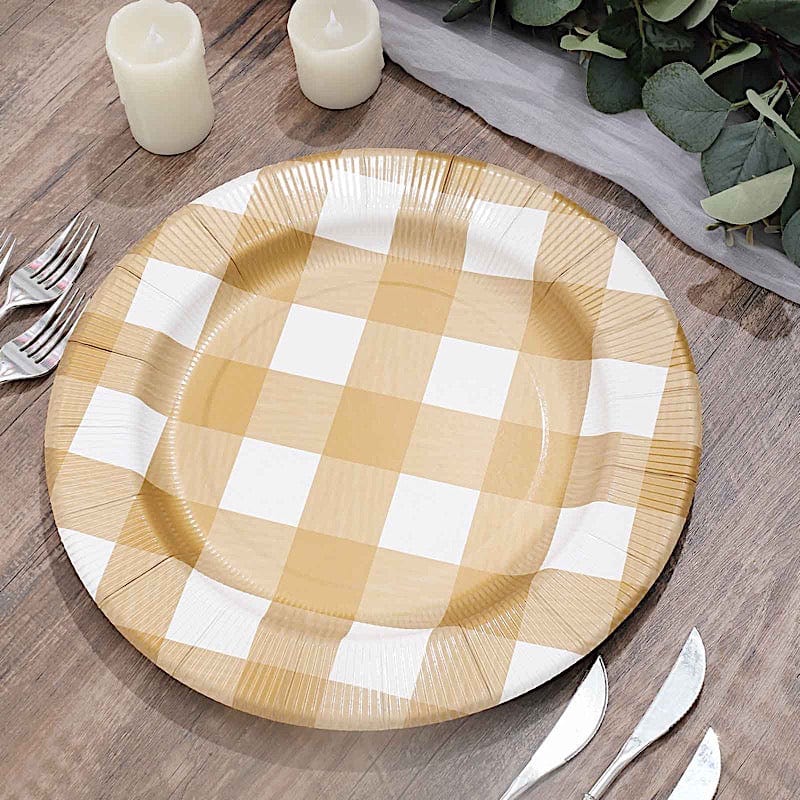 10 Round 13" Checkered Disposable Paper Charger Plates with Textured Rim
