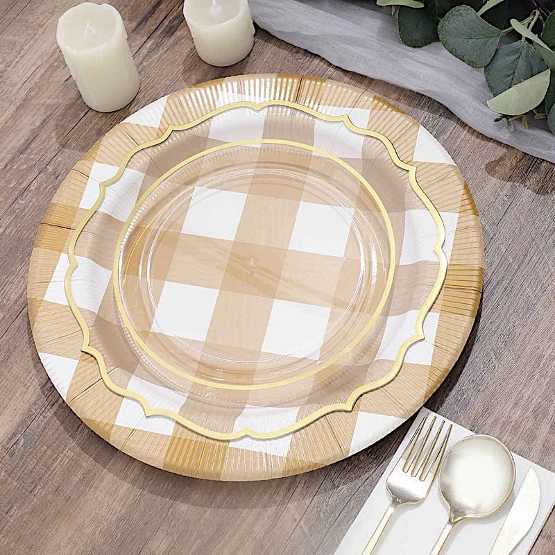 10 Round 13" Checkered Disposable Paper Charger Plates with Textured Rim
