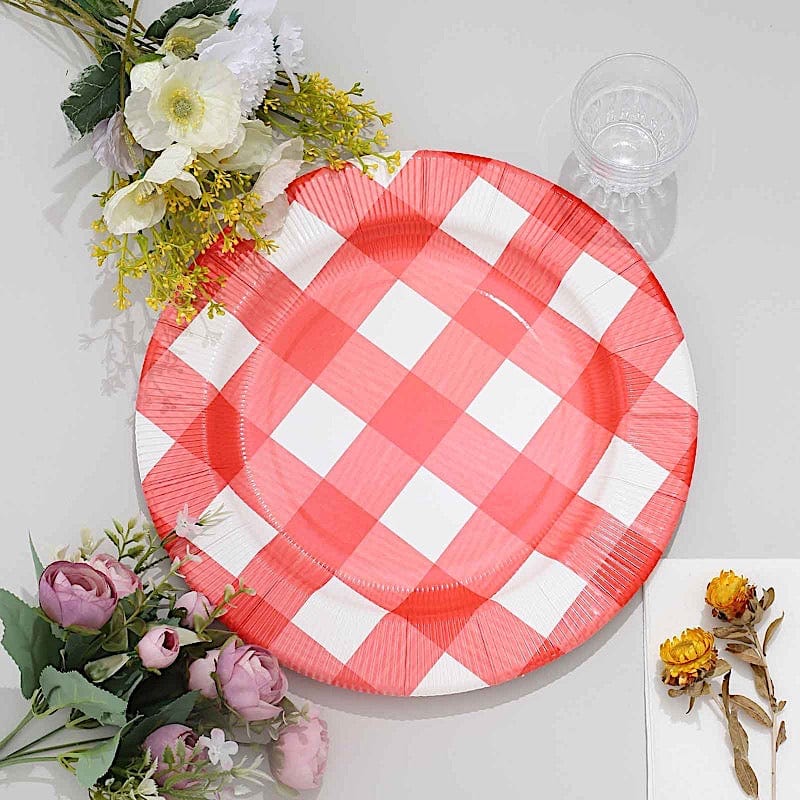 10 Round 13" Checkered Disposable Paper Charger Plates with Textured Rim