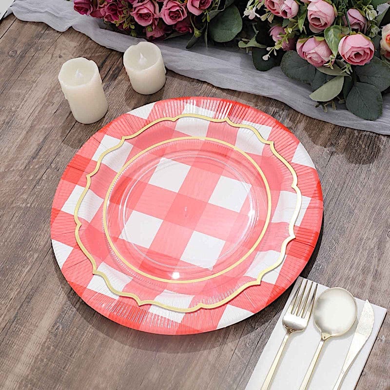 10 Round 13" Checkered Disposable Paper Charger Plates with Textured Rim