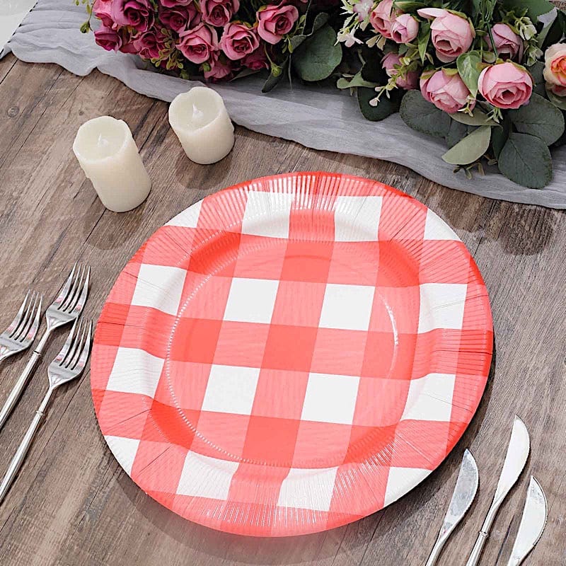 10 Round 13" Checkered Disposable Paper Charger Plates with Textured Rim