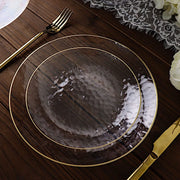 10 Round Clear Hammered Plastic Salad Dinner Plates with Gold Rim - Disposable Tableware