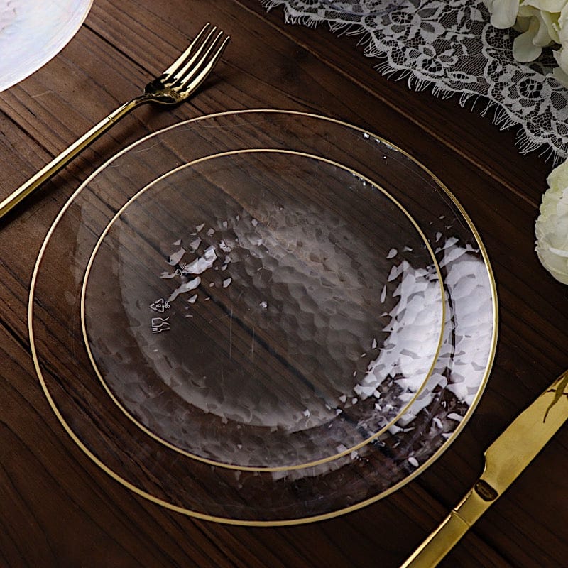 10 Round Clear Hammered Plastic Salad Dinner Plates with Gold Rim - Disposable Tableware