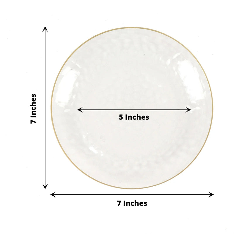10 Round Clear Hammered Plastic Salad Dinner Plates with Gold Rim - Disposable Tableware