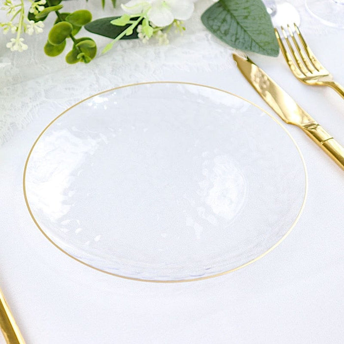 10 Round Clear Hammered Plastic Salad Dinner Plates with Gold Rim - Disposable Tableware