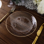 10 Round Clear Hammered Plastic Salad Dinner Plates with Gold Rim - Disposable Tableware