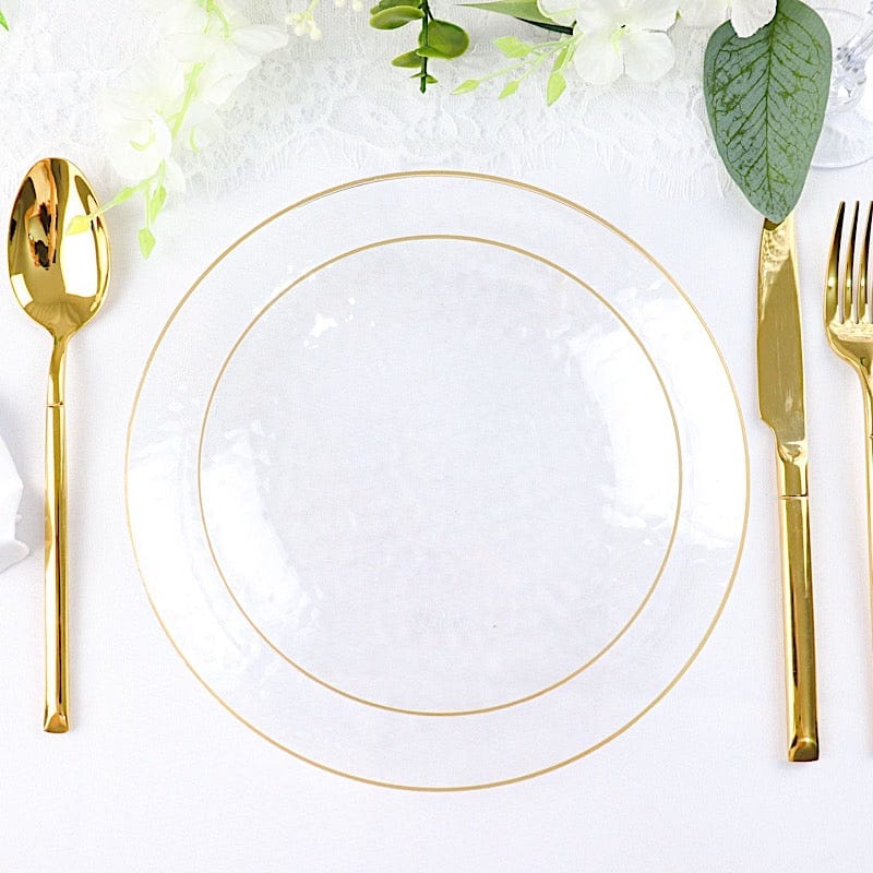 10 Round Clear Hammered Plastic Salad Dinner Plates with Gold Rim - Disposable Tableware