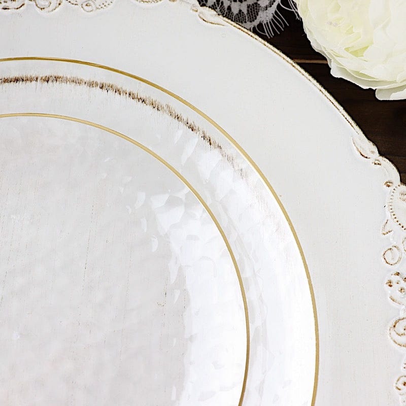 10 Round Clear Hammered Plastic Salad Dinner Plates with Gold Rim - Disposable Tableware