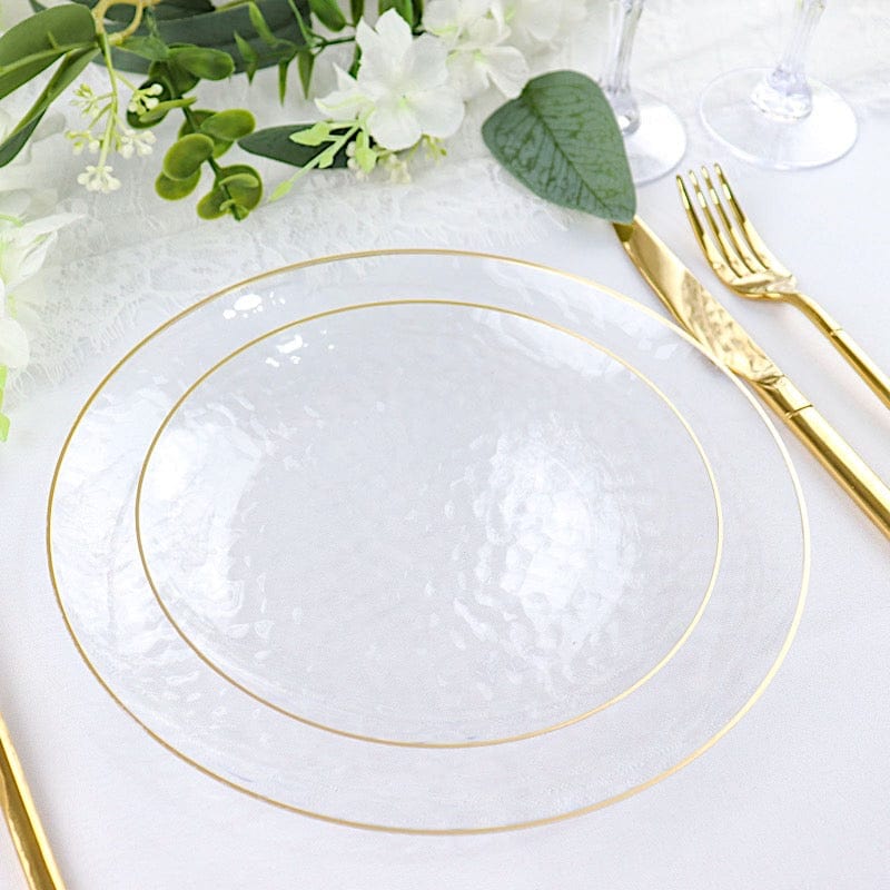 10 Round Clear Hammered Plastic Salad Dinner Plates with Gold Rim - Disposable Tableware