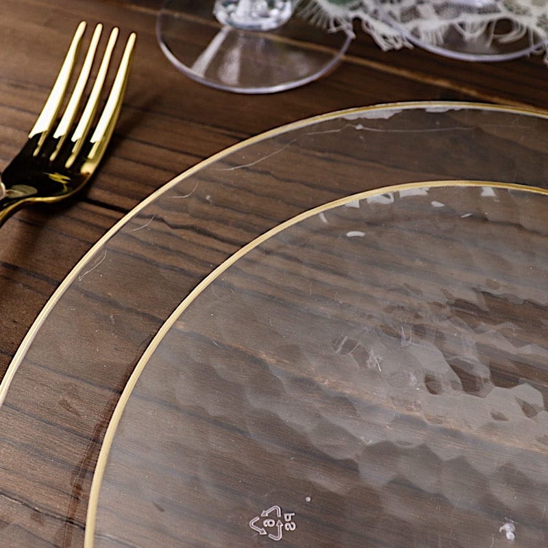 10 Round Clear Hammered Plastic Salad Dinner Plates with Gold Rim - Disposable Tableware