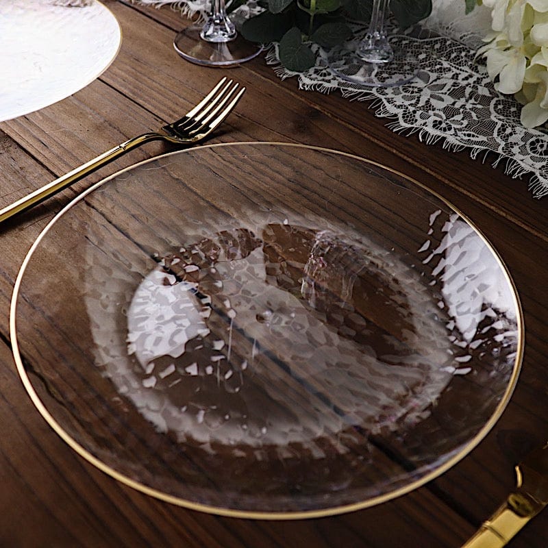 10 Round Clear Hammered Plastic Salad Dinner Plates with Gold Rim - Disposable Tableware