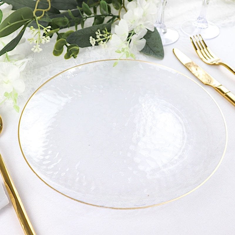 10 Round Clear Hammered Plastic Salad Dinner Plates with Gold Rim - Disposable Tableware