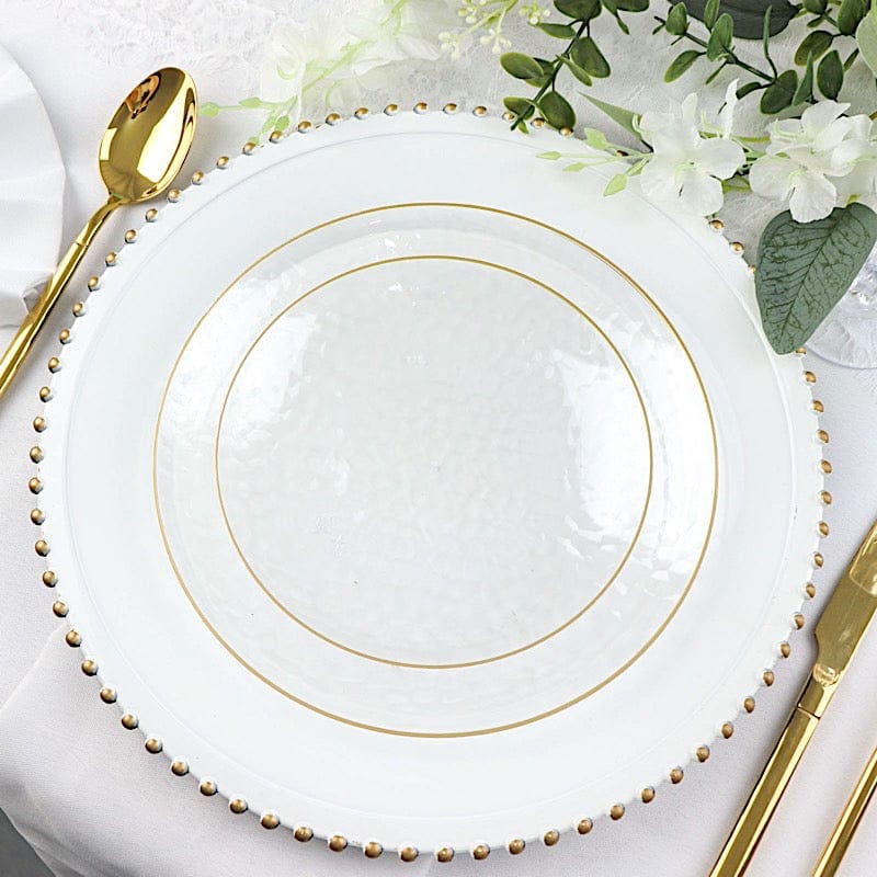 10 Round Clear Hammered Plastic Salad Dinner Plates with Gold Rim - Disposable Tableware