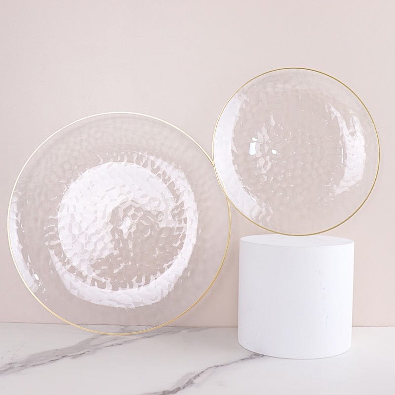 10 Round Clear Hammered Plastic Salad Dinner Plates with Gold Rim - Disposable Tableware