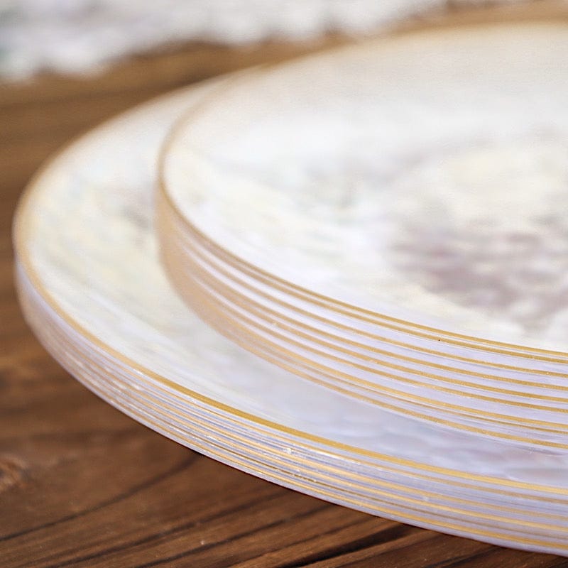 10 Round Clear Hammered Plastic Salad Dinner Plates with Gold Rim - Disposable Tableware