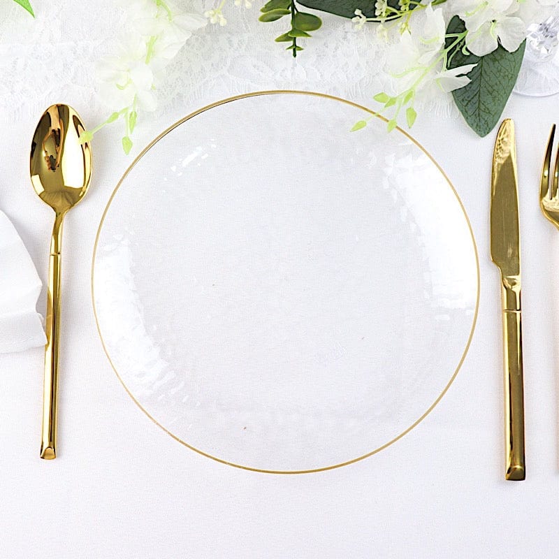 10 Round Clear Hammered Plastic Salad Dinner Plates with Gold Rim - Disposable Tableware