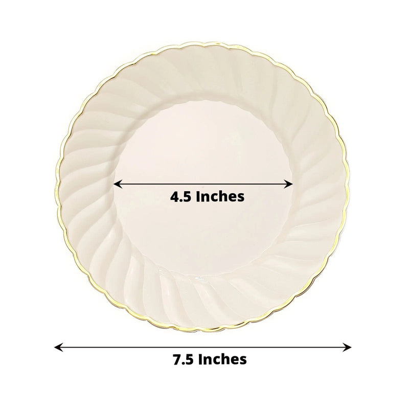 10 Round Ivory Plastic Salad Dinner Plates with Gold Swirl Design Rim - Disposable Tableware