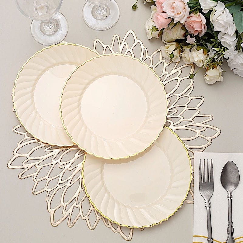 10 Round Ivory Plastic Salad Dinner Plates with Gold Swirl Design Rim - Disposable Tableware