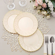 10 Round Ivory Plastic Salad Dinner Plates with Gold Swirl Design Rim - Disposable Tableware