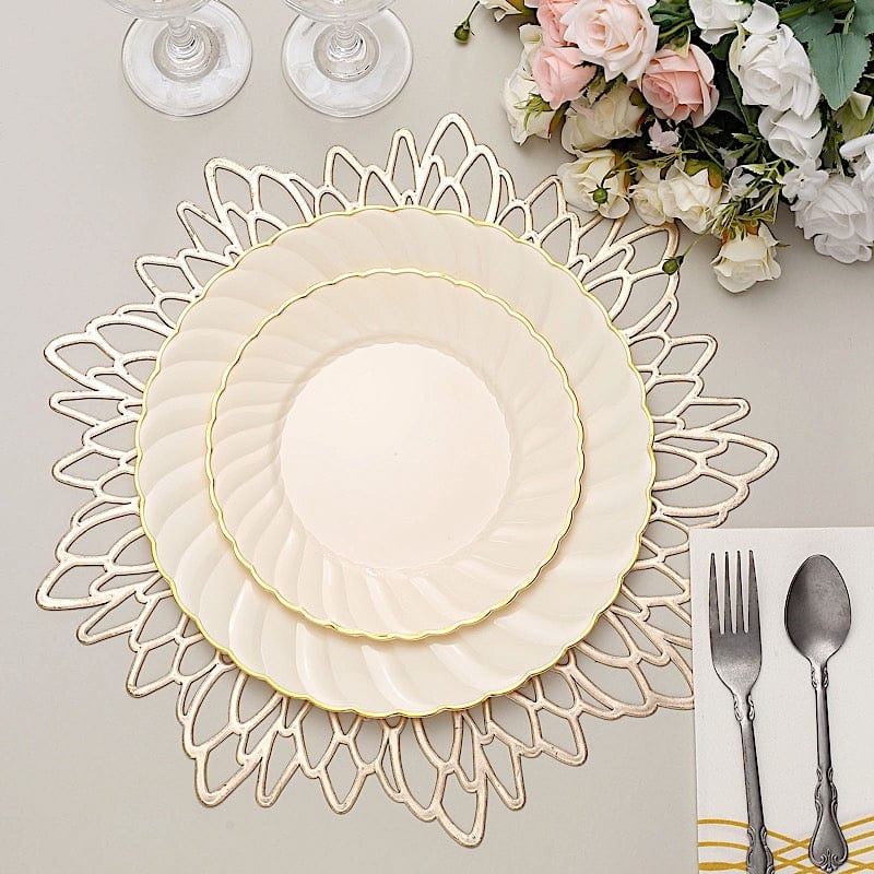 10 Round Ivory Plastic Salad Dinner Plates with Gold Swirl Design Rim - Disposable Tableware