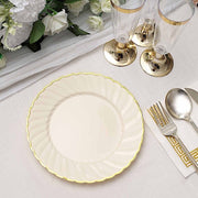10 Round Ivory Plastic Salad Dinner Plates with Gold Swirl Design Rim - Disposable Tableware