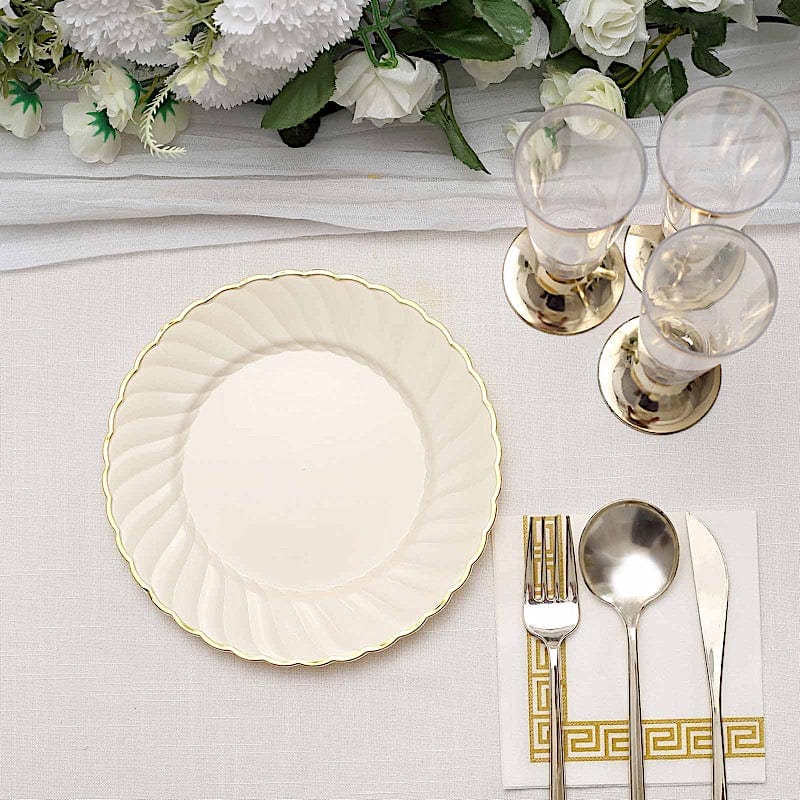 10 Round Ivory Plastic Salad Dinner Plates with Gold Swirl Design Rim - Disposable Tableware