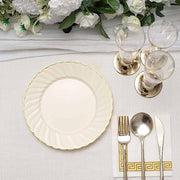10 Round Ivory Plastic Salad Dinner Plates with Gold Swirl Design Rim - Disposable Tableware