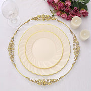10 Round Ivory Plastic Salad Dinner Plates with Gold Swirl Design Rim - Disposable Tableware