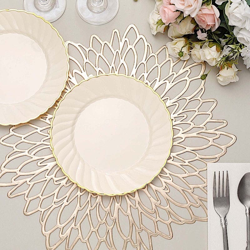 10 Round Ivory Plastic Salad Dinner Plates with Gold Swirl Design Rim - Disposable Tableware