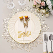 10 Round Ivory Plastic Salad Dinner Plates with Gold Swirl Design Rim - Disposable Tableware