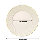 10 Round Ivory Plastic Salad Dinner Plates with Gold Swirl Design Rim - Disposable Tableware