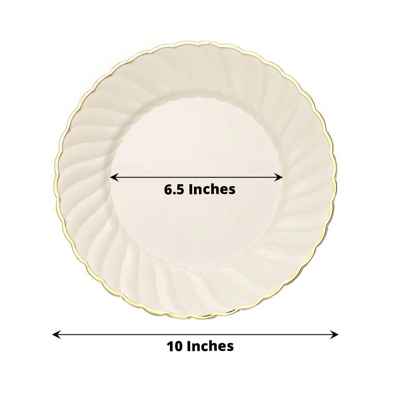 10 Round Ivory Plastic Salad Dinner Plates with Gold Swirl Design Rim - Disposable Tableware