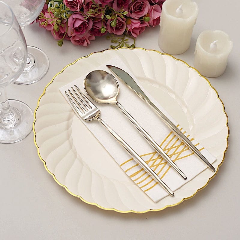 10 Round Ivory Plastic Salad Dinner Plates with Gold Swirl Design Rim - Disposable Tableware