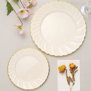10 Round Ivory Plastic Salad Dinner Plates with Gold Swirl Design Rim - Disposable Tableware