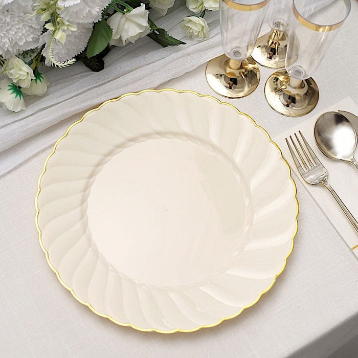 10 Round Ivory Plastic Salad Dinner Plates with Gold Swirl Design Rim - Disposable Tableware