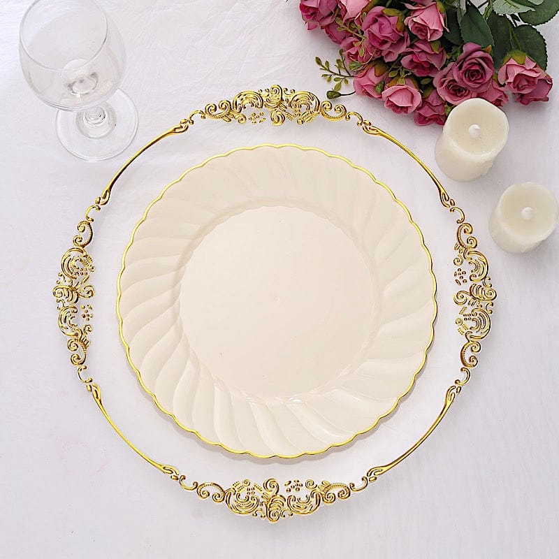 10 Round Ivory Plastic Salad Dinner Plates with Gold Swirl Design Rim - Disposable Tableware