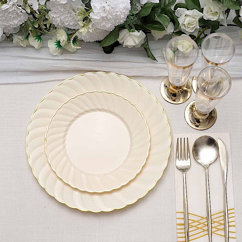 10 Round Ivory Plastic Salad Dinner Plates with Gold Swirl Design Rim - Disposable Tableware