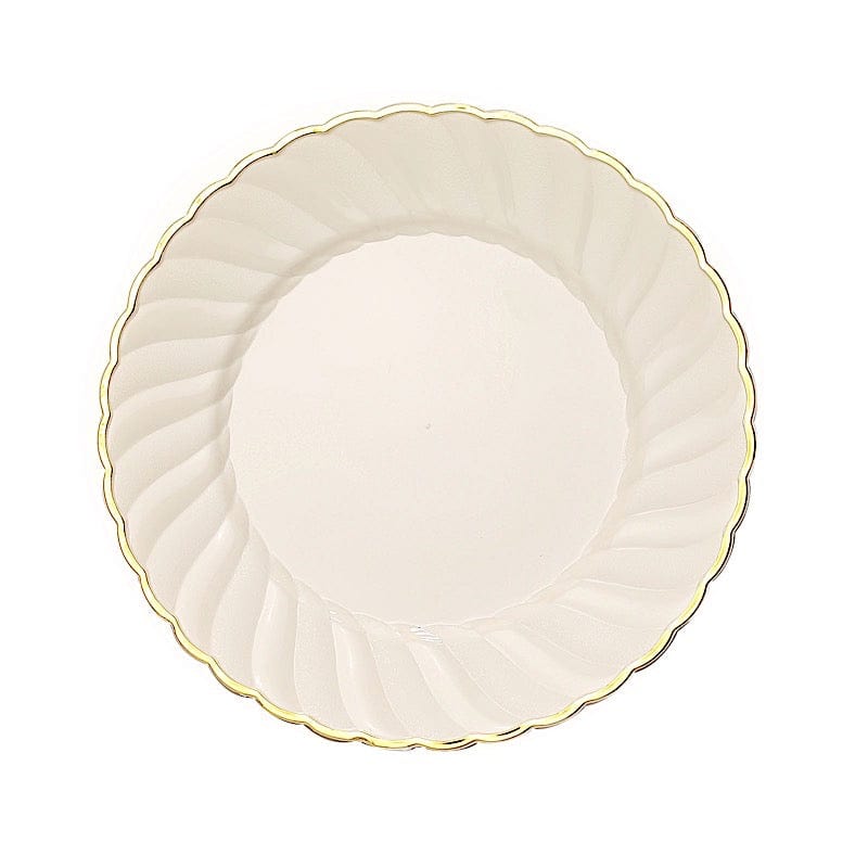10 Round Ivory Plastic Salad Dinner Plates with Gold Swirl Design Rim - Disposable Tableware DSP_PLR0021_10_IVGD