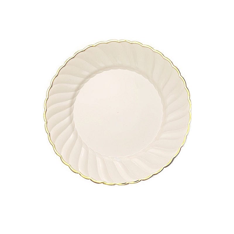 10 Round Ivory Plastic Salad Dinner Plates with Gold Swirl Design Rim - Disposable Tableware DSP_PLR0021_7_IVGD
