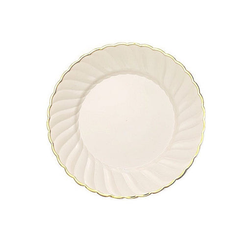10 Round Ivory Plastic Salad Dinner Plates with Gold Swirl Design Rim - Disposable Tableware DSP_PLR0021_7_IVGD