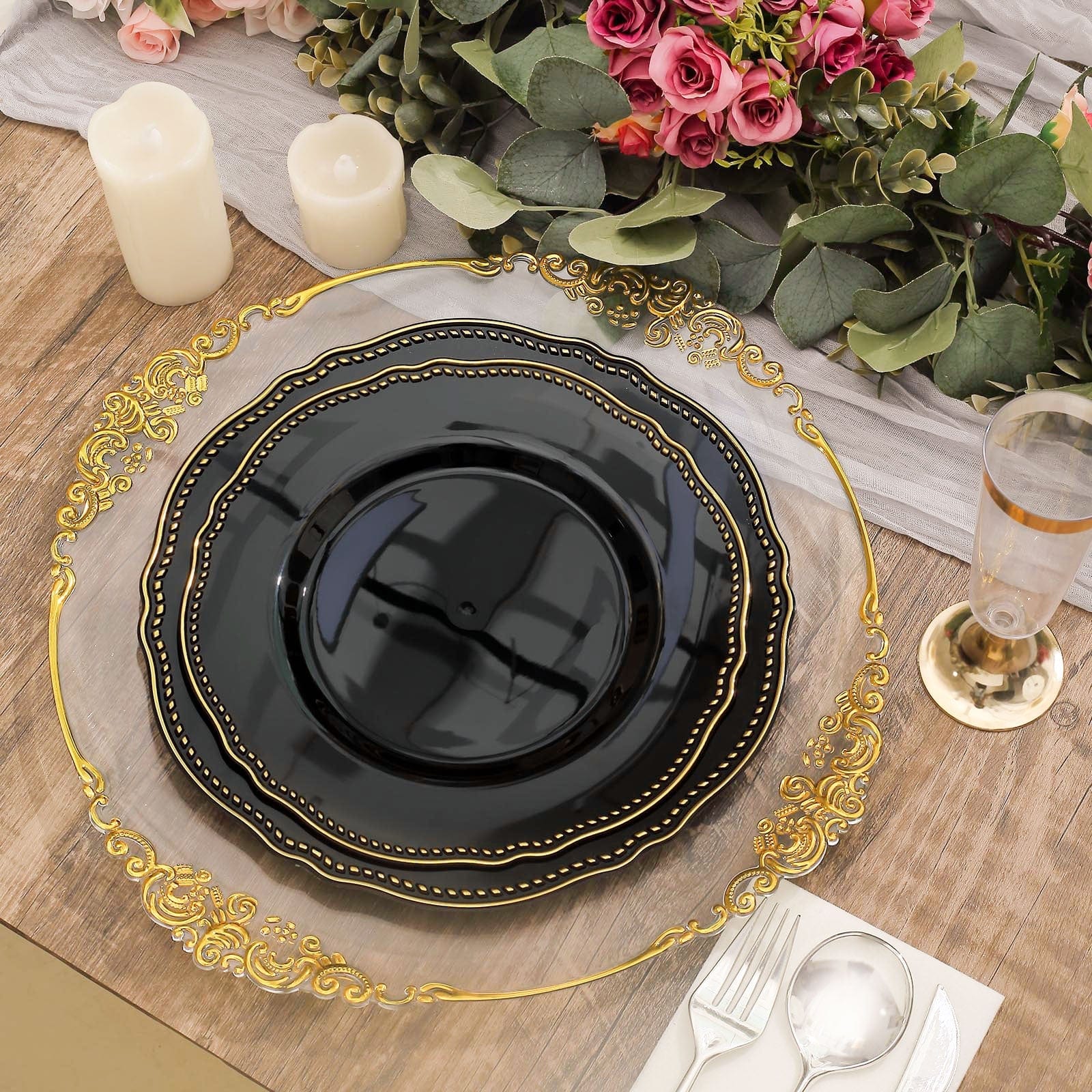 10 Round Plastic Dinner Plates with Gold Scalloped Rim - Disposable Tableware