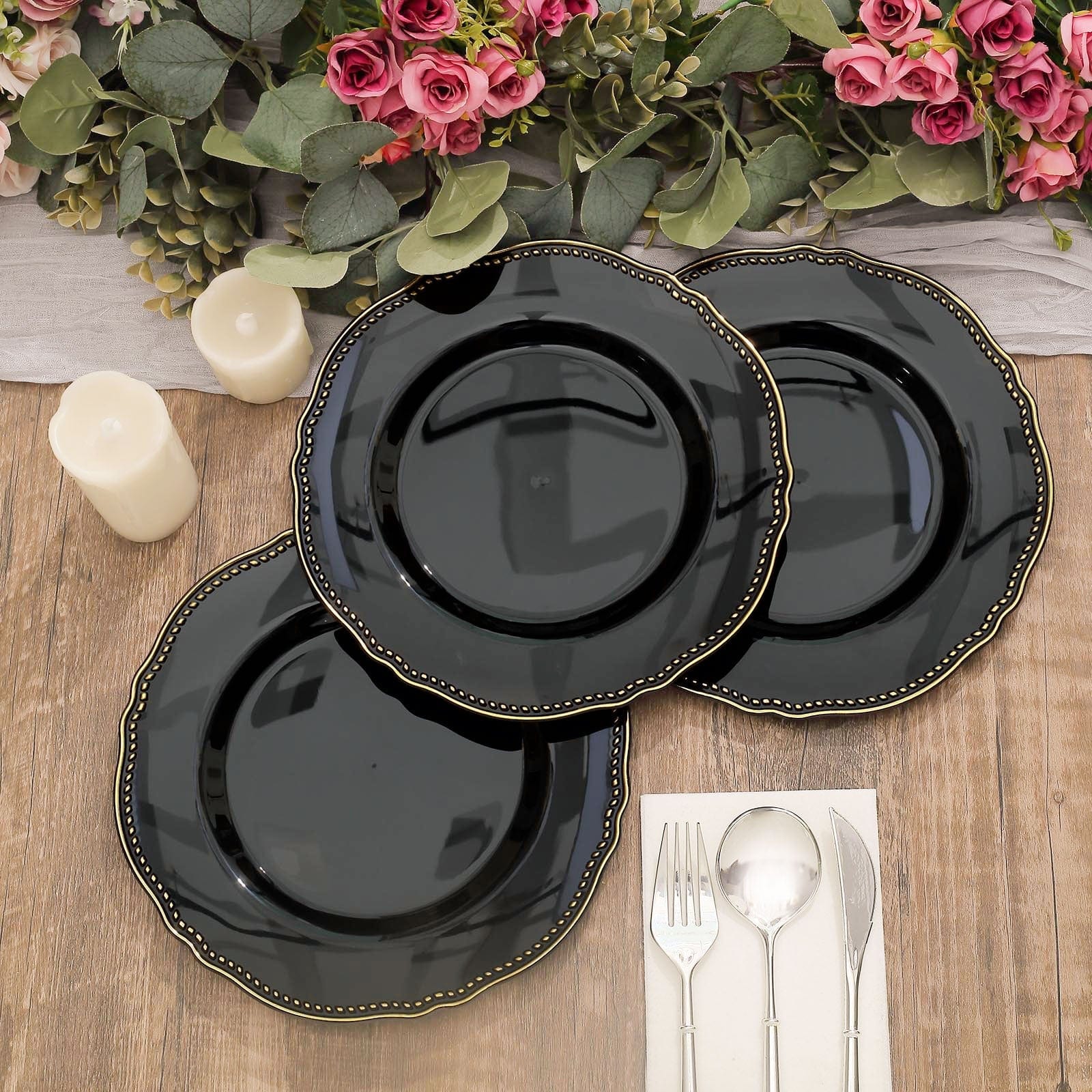 10 Round Plastic Dinner Plates with Gold Scalloped Rim - Disposable Tableware