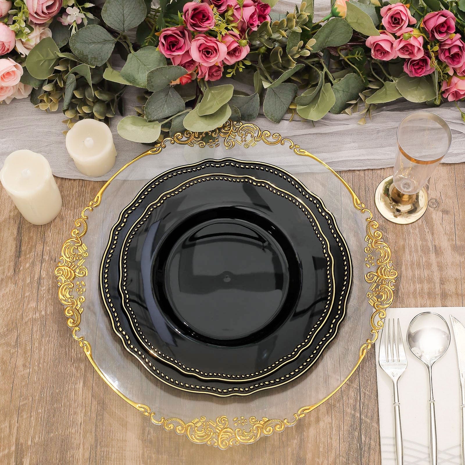 10 Round Plastic Dinner Plates with Gold Scalloped Rim - Disposable Tableware