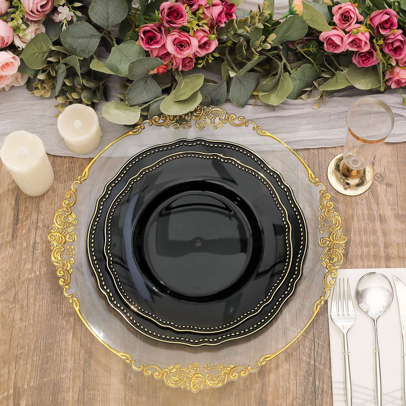10 Round Plastic Dinner Plates with Gold Scalloped Rim - Disposable Tableware