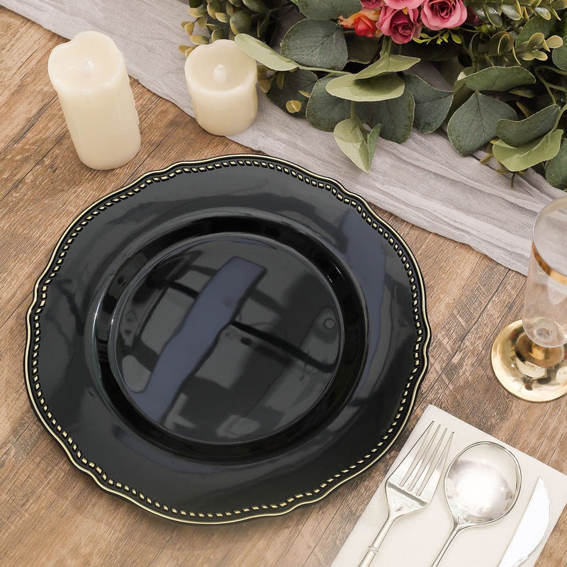 10 Round Plastic Dinner Plates with Gold Scalloped Rim - Disposable Tableware